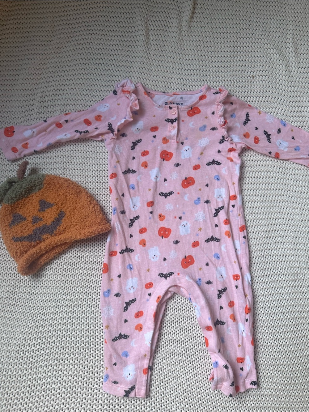 6-12 Months Pink Halloween Print Romper with Snaps + Pumpkin Hat